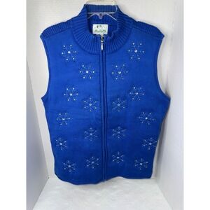 Quacker Factory Womens XL Royal Blue Snowflake Rhinestone Full Zip Sweater Vest